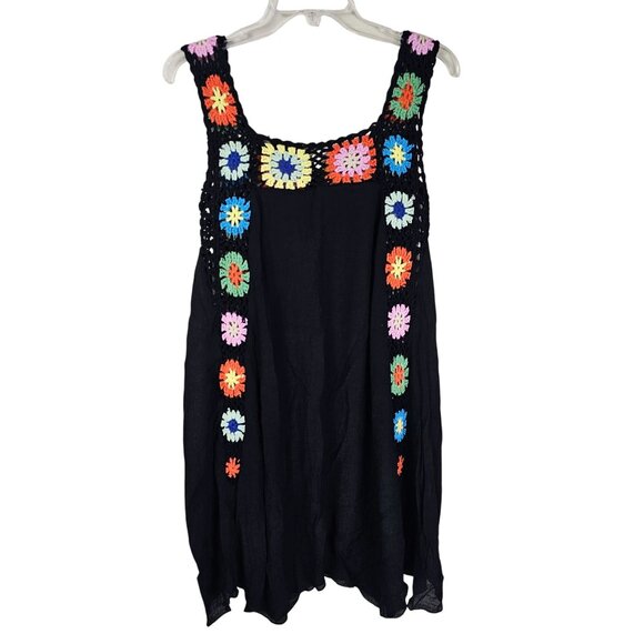Elan Boho Crochet Sleeveless Dress M Black Multi Sharkbite Hippie Festival - Picture 1 of 9